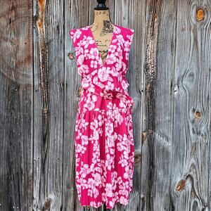Pink Floral Dress ASOS Size 12 Plunge VNeck Belted Pleats Sleeveless Stretch